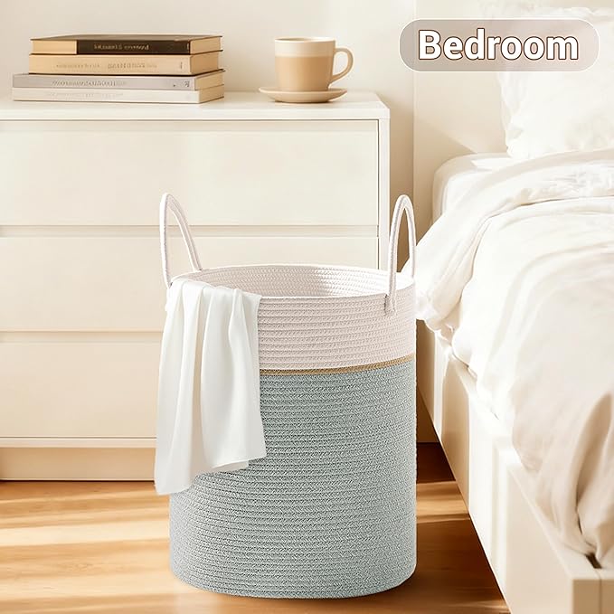 Tall Laundry Basket with Handles, 53L Portable Dirty Clothes Hamper, Boho Cotton Rope Storage Bin for Blankets Kids Toys Gifts, Decorative Organizer for Nursery Bedroom Bathroom, Sage Green
