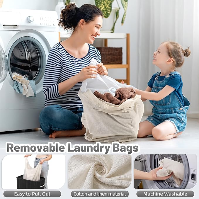 Aliphon 72L Slim Laundry Hamper with Lid, Foldable Bamboo Clothes Laundry Basket with Handles, Removable and Machine Washable Liner, for Bedroom, Bathroom, Dorm, Ink Black