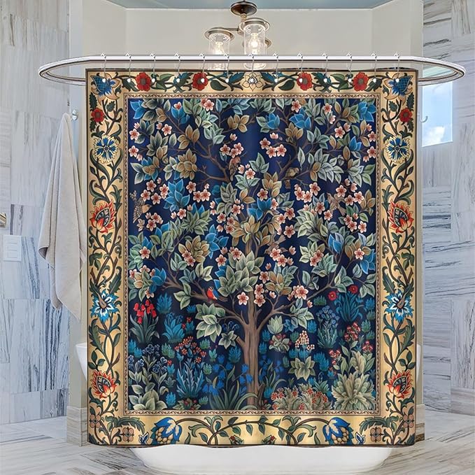 Boho Shower Curtains William Morris Art Retro Design Flower Trees Pattern Printed Shower Curtains 66""×72"" Inch, Style