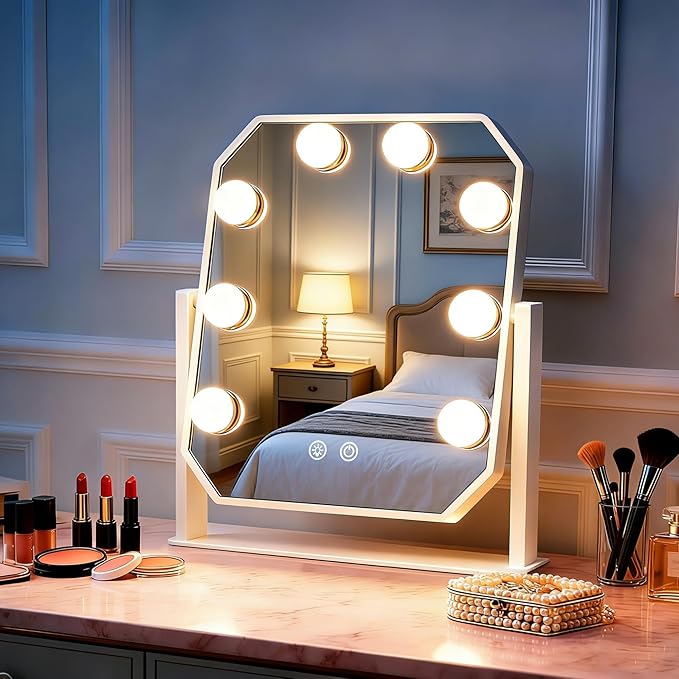 Vanity Mirror with Lights - 11.8"x9.8" Hollywood Makeup Mirror with Dimmable LED Bulbs, 3 Color Modes, Smart Touch Control, Desktop Mirror for Bedroom Dressing Table, Gift for Women Girls (White)