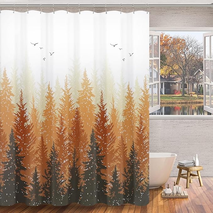 Hokibero Fall Forest Shower Curtain Woodland Nature Tree Plant Fabric Shower Curtains for Bathroom Water Repellent Hotel Quailty Mountain Curtain, 72 x 72 inch, Autumn Yellow