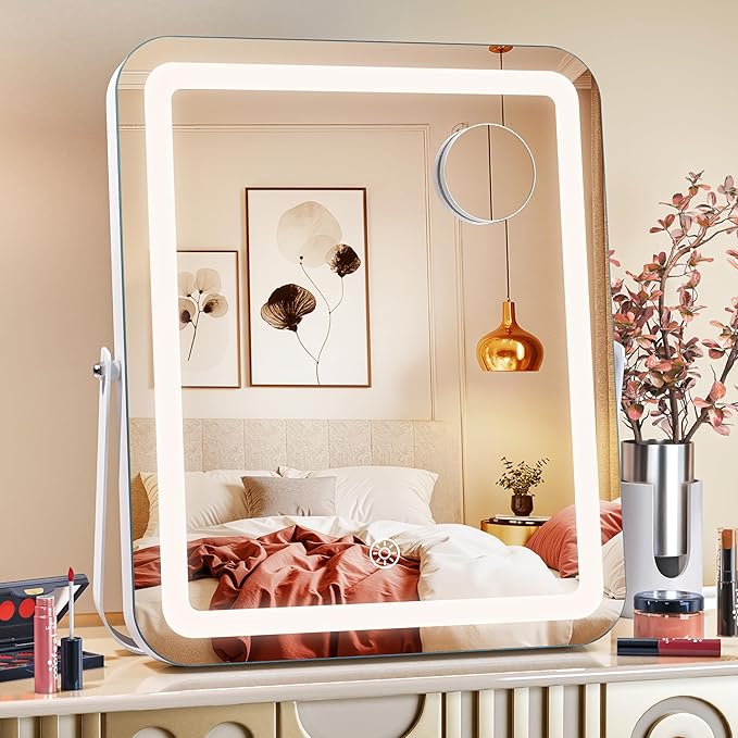 MINISO Vanity Mirror with Lights,11.4" x 13.8" LED Makeup Mirror, Light & Brightness Adjustment, Smart Sensor, Aluminum Alloy Metal White Frame, with 5X Magnifying Glass