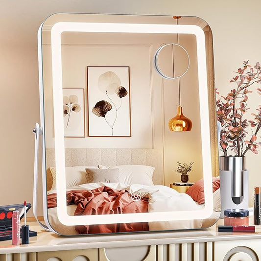 MINISO Vanity Mirror with Lights,11.4" x 13.8" LED Makeup Mirror, Light & Brightness Adjustment, Smart Sensor, Aluminum Alloy Metal White Frame, with 5X Magnifying Glass
