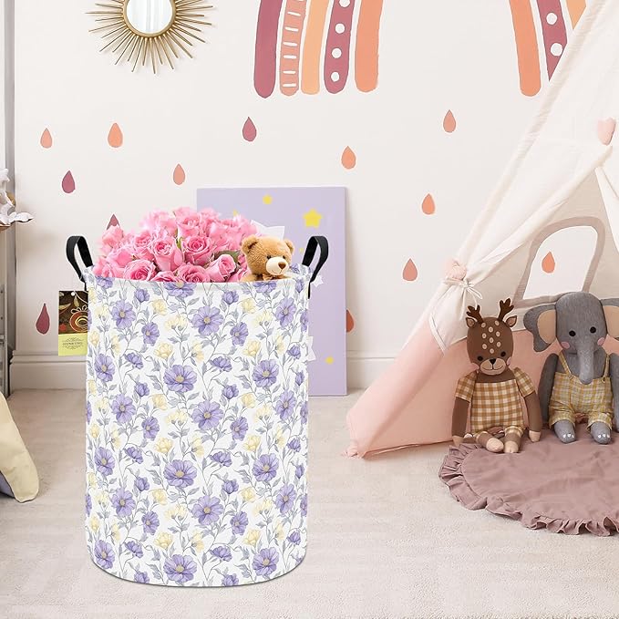 HUNRUNG Laundry Hamper,Large Canvas Fabric Lightweight Storage Basket Toy Organizer Dirty Clothes Collapsible Waterproof for College Dorms???Round-Purple Flowers???