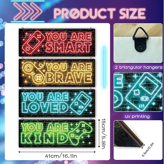 YLOLUL 4 Pieces Neon Gaming Decor for Boys Room Wooden Video Game Wall Art Print Motivational Quote Gamer Hanging Plaques Wall Decor for Boys Kids Room Bedroom Playroom Decorations, 16 X 5 Inches