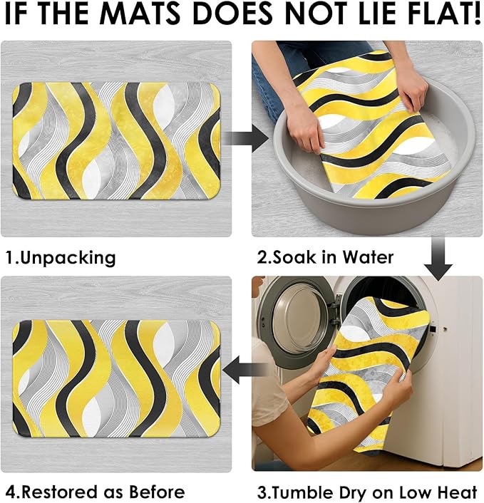 Yellow Striped Shower Curtain Set with Toilet Lid Cover and Non-Slip Rugs for Bathroom, Grey and Black Geometric Lines 4 Pcs Shower Curtain, Modern Yellow Bathroom Set with 12 Hooks