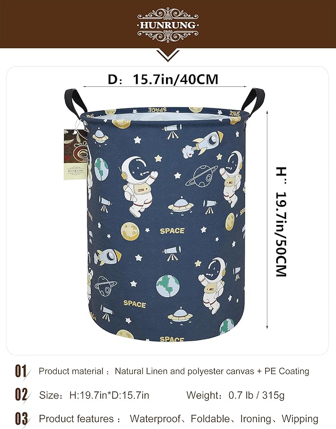 HUNRUNG Laundry Hamper,Large Canvas Fabric Lightweight Storage Basket Toy Organizer Dirty Clothes Collapsible Waterproof for College Dorms???Round-Blue Space Astronaut???