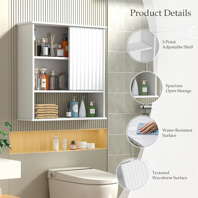 Fluted Bathroom Wall Cabinet with Sliding Door, 24" x 22" Upgraded All Painted Wood Medicine Cabinet with 3-Point Adjustable Shelf, Over Toilet Wall Mounted Cabinet Organizer for Bathroom