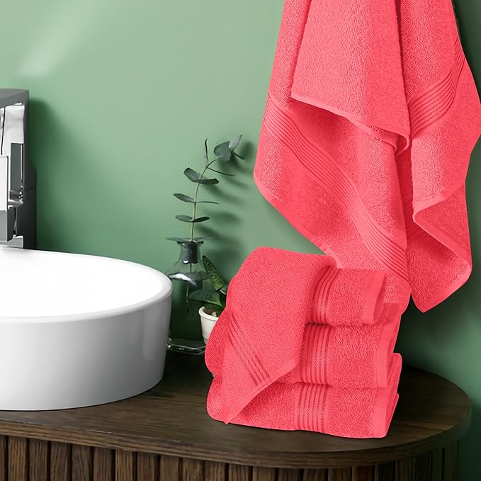 Elvana Home Ultra Soft 6 Pack Cotton Towel Set, Contains 2 Bath Towels 28x55 inch, 2 Hand Towels 16x24 inch & 2 Wash Coths 12x12 inch, Ideal for Everyday use, Compact & Lightweight - Coral Orange