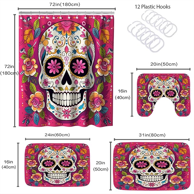 Floral Gothic Halloween Bathroom Sets with Funny Skull Unique Shower Curtain and 20 x 31 Rugs Bathroom Accessories Sets Decor with Bath Rug, Bath Mat, U-Shaped Contour and Hooks 72 x 72 Inch Colorful