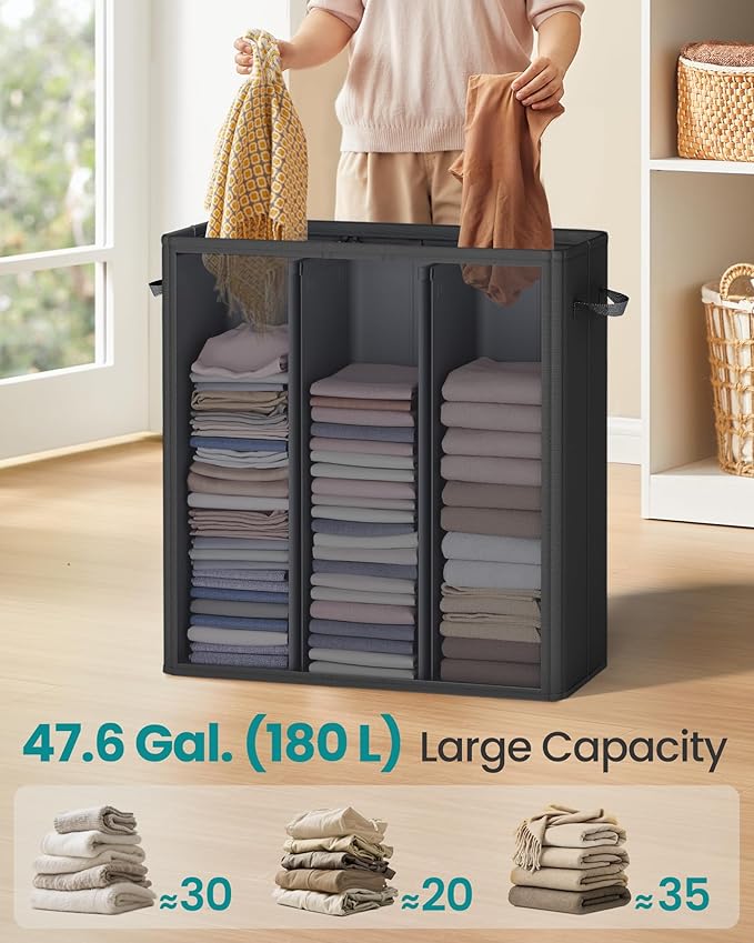SONGMICS 47.6 Gallon (180 L) Laundry Hamper, 3-Compartment Laundry Basket Sorter with Lid, Labels, Removable Liner Bags, for Bedroom, Ink Black URLH013B01