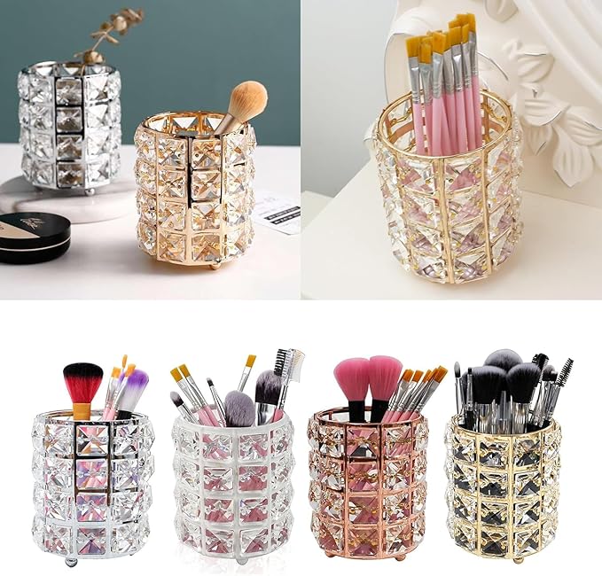 AKOAK 1 Pack Crystal Makeup Brush Holder Office Supplies Storage Rack Eyebrow Pencil/Lipstick/Pencil Makeup Container, Dressing Table, Bedroom, Office (White)