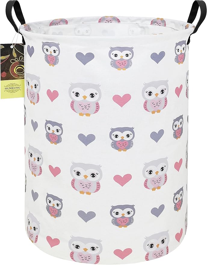 HUNRUNG Laundry Hamper,Large Canvas Fabric Lightweight Storage Basket Toy Organizer Dirty Clothes Collapsible Waterproof for College Dorms???Round-Love Owl???