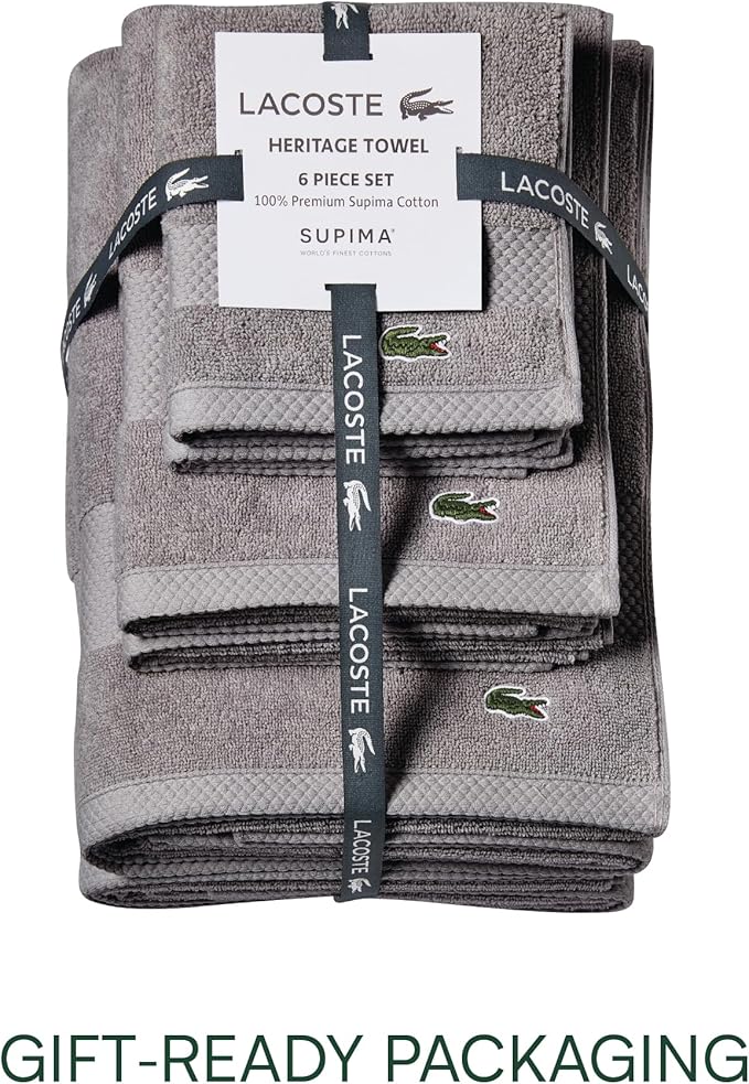 Lacoste Heritage Anti-Microbial Supima Cotton 6-Piece Towel Set, 2 Bath Towels, 2 Hand Towels, 2 Washcloths, Meteorite – Highly Absorbent & Quick Drying, Bathroom Essential, Machine Washable