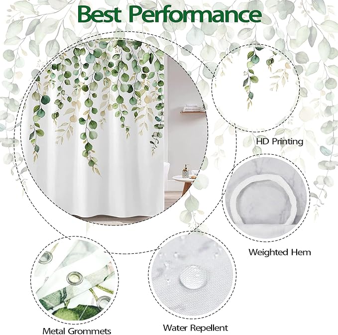 kampdream Green Eucalyptus Leaves Shower Curtain, Watercolor Plant On The Top Shower Curtain, Sage Green Spring Botanical Bathroom Curtain 72 ×72 Inch