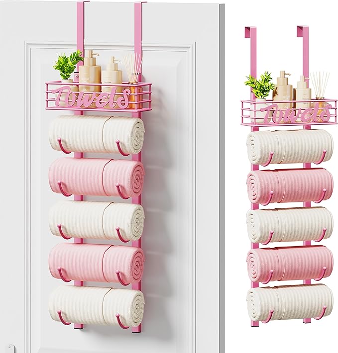 SWTYMIKI Hanging Towel Racks for Bathroom - 9 Tier Over the Door & Wall Mounted Bath Rolled Towel Storage Organizer Holder for Small Bathroom, RV, Camper (Pink, 6-Tier)