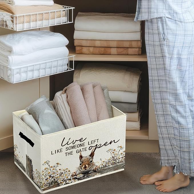 Rustic Squirrel Storage Bins & Boxes with Handles, Farmhouse Squirrel Foldable Basket for Organizing, Live Like Someone Left the Gate Open Collapsible Storage Basket for Bedroom Bathroom Clothes