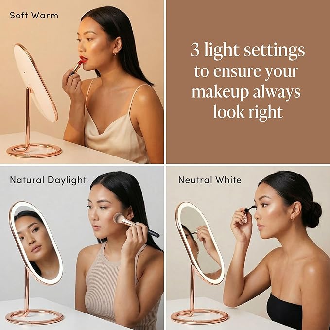 Fancii LED Lighted Vanity Makeup Mirror, Rechargeable - Cordless Illuminated Cosmetic Mirror with 3 Dimmable Light Settings, Dual Magnification - Vera (Rose Gold)