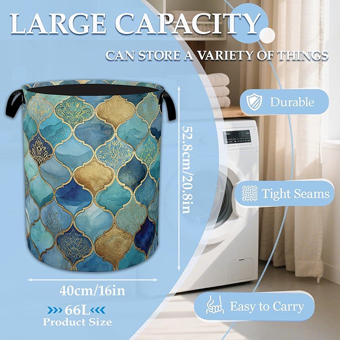 Moroccan Mosaic Laundry Basket Collapsible Laundry Hamper, Oxford Cloth Storage Bin for Room/Bathroom/Bedroom/Dormitories 16" X 20.8"