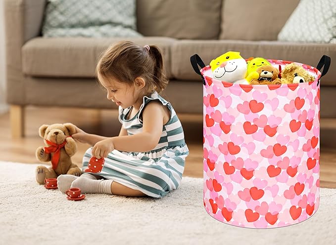 Round Valentine's Heart Pattern Laundry Hamper Clothes Storage Basket Fabric Storage Hamper Organization Storage Bin, Nursery Box,Gift Basket with Handles