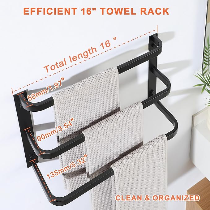 Towel Racks for Bathroom 16 Inch, SUS304 Stainless Steel Rustproof 3 Towel Bars Wall Mount, Heavy Duty Towel Holder for Bathroom Laundry Room Hotel Modern Home Decor