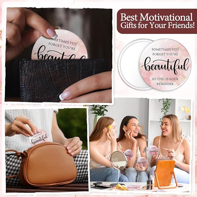Cinnvoice 50 Sets Pink Inspirational Mini Compact Mirror Bulk for Women Small Portable Round Purse Mirrors Employee Appreciation Gift for Graduation Party Favors Coworker Nurse (Beautiful)