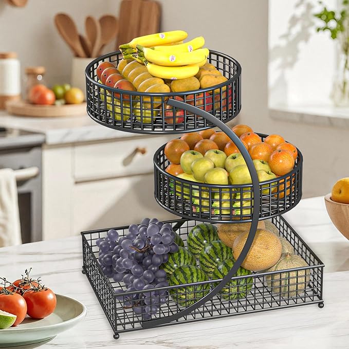 3-Tier Metal Cosmetic Organizer,Cosmetic Storage Rack for Vanity Tables,Multipurpose Metal Bathroom Organizers and Storage, Home and Office use Countertop Organizer (Round-Black)
