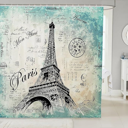 Feelyou Eiffel Tower Bath Curtain - Chic Retro Paris Theme Kids Vintage Paris Cityscape Shower Curtain - 72"x72" Teal Waterproof Fabric Set