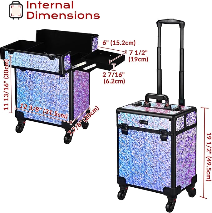 BYOOTIQUE Rolling Makeup Case on wheels Nail Traveling Organizer box False Eyelash Storage for Nail Technician Beauty Salon Barbershop Hairstylist,Mermaid Purple