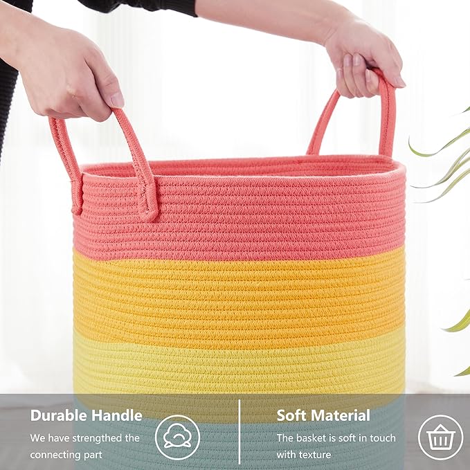 15”Dx20“H Rainbow Baby Girls Kids Hamper Laundry Basket for Nursery Toddler Clothes Blanket Toy Storage Woven Rope Unicorn Hamper in Playroom Bedroom 60L Large