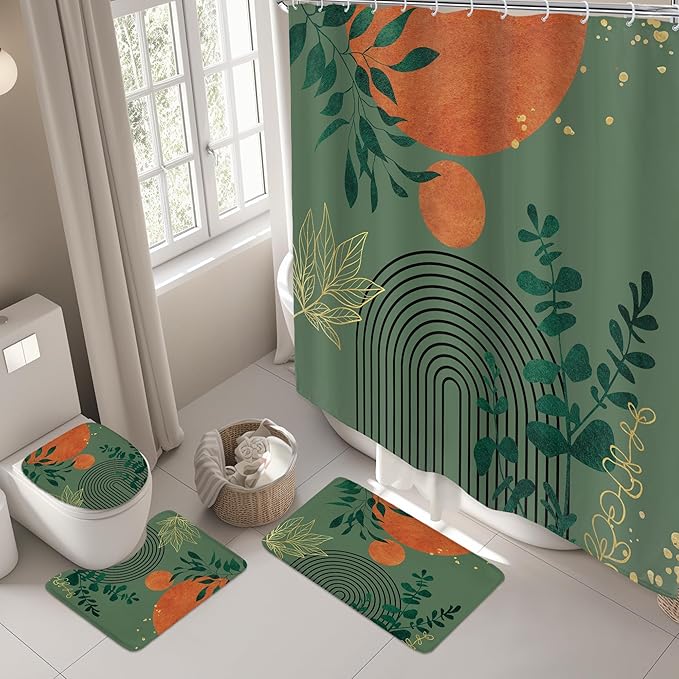 Riyidecor Mid Century 4Pcs Bathroom Shower Curtain Sets Modern Aesthetic Minimalist Geometric Bathroom Decor Set with Rugs and Accessories Abstract Toilet Lid Rug, Contour and Bath Mat with 12 Hooks