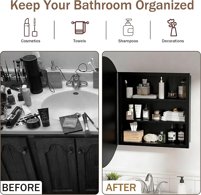 Round Bathroom Medicine Cabinet with Mirror,Wall Mounted Vanity Mirror with Adjustable Shelves Metal Storage Cabinet for Bathroom Bedroom (No Assembly Required) Black 20.5 * 20.5''