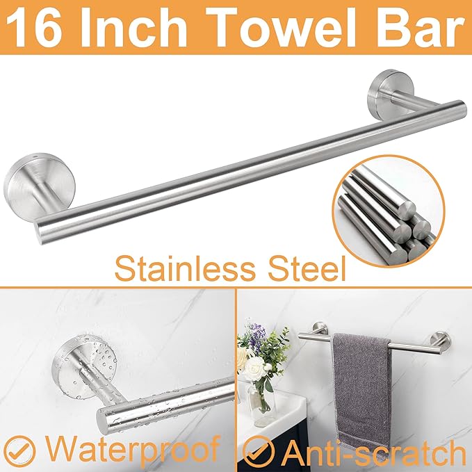 TocTen Bathroom Hardware Set, Thick Stainless Steel Bath Towel Bar Set Including Towel Rack for Bathroom+Toilet Paper Holder+3 Robe Towel Hooks Wall Mount Bathroom Accessory Set(16IN,Brushed Nickel)