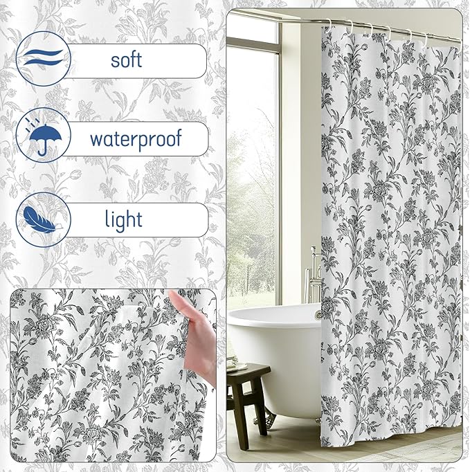 Seorsok Black Shower Curtain,Sage Cotton Floral Cottagecore,Elegant Floral Fabric Shower Curtain Machine Washable Waterproof Bathroom Decor 72'Wx72'L inches