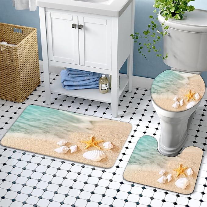Lnond 4Pcs Summer Beach Shower Curtain Sets with Rugs, Seashore Starfish Shell Bathroom Sets with Shower Curtain and Rugs and Accessories