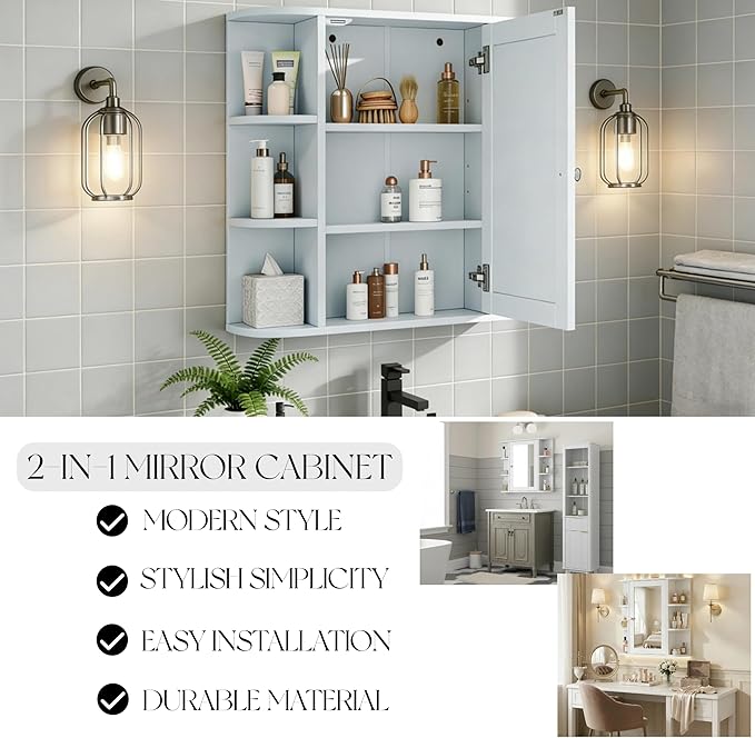 Merax Bathroom Wall Storage Cabinet with Mirror, 26 Inch Medicine Cabinet with Mirror Doors & Adjustable Wood Shelf, Space-Saving Modern Mounted Storage Cabinets with 6 Open Shelves, White