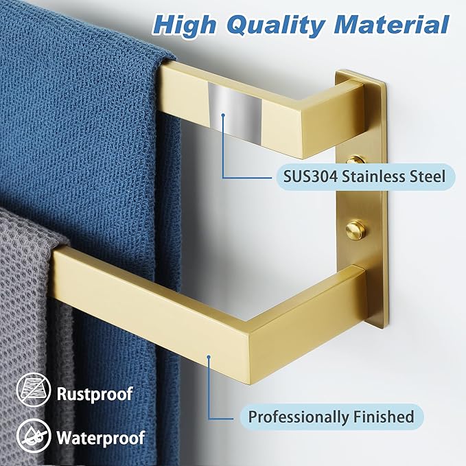 Alise Double Towel Bar, 24" Towel Racks for Bathroom Wall Mounted SUS304 Stainless Steel, Heavy Duty Bathroom Towel Holder, Quick Drying Towel Hanger, Brushed Gold