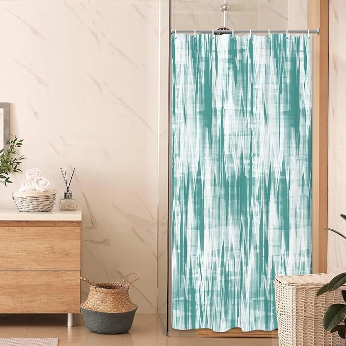 JAWO Teal Green Shower Curtain, Modern Abstract Pattern Machine Washable Home Bathroom Decorations, Aqua White Striped Wave Shower Curtain Set with Hooks Waterproof Fabric Bath Curtains Home Decor