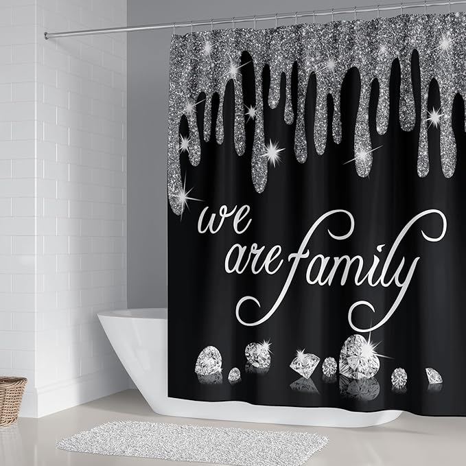 4Pcs Family Glitter Diamond Shower Curtain Sets, Black Famliy Shower Curtain with Toilet Lid Cover and Rugs, Luxury Bling Shiny Shower Curtains for Home Bathroom Set Decor with 12 Hooks, 72 x 72 inch