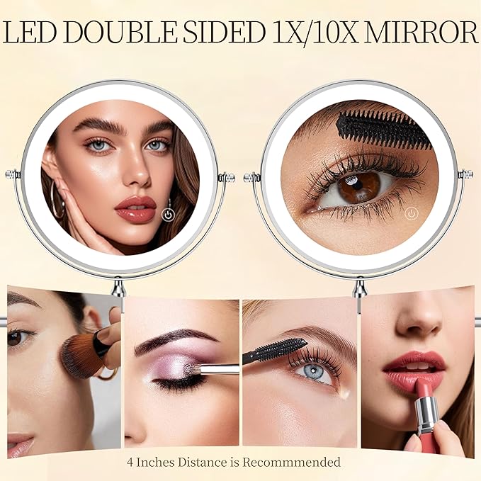 Rocollos Rechargeable Wall Mounted Lighted Makeup Mirror Chrome, 8 Inch Double-Sided LED Vanity Mirror 1X/10X Magnification,3 Color Lights Touch Screen Dimmable 360°Swivel 13 Inch Extendable