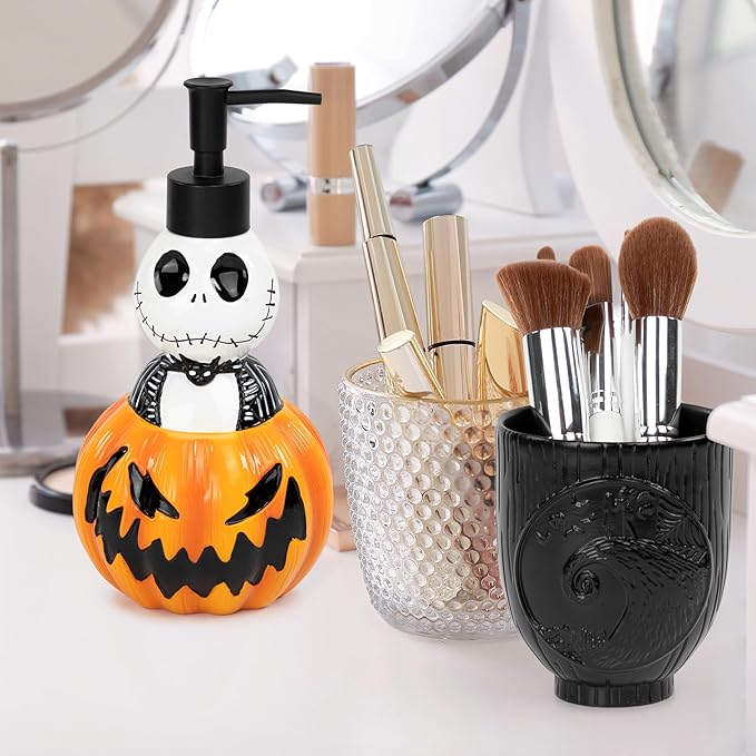 Jay Franco Disney Nightmare Before Christmas Organizer Set - 4 Piece Black and White Accessories Includes Resin Soap Dispenser, Sponge Holder, Toothbrush Holder and Tumbler - Bathroom Décor