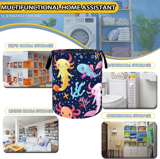 Colorful Axolotl Laundry Basket,Dirty Clothes Hamper,Underwater Marine Life Storage Bin,Ocean Lovers Gifts,Waterproof Oxford Cloth Baskets for Bathroom,Bedroom,Home Decoration(19.7" x 15.8")