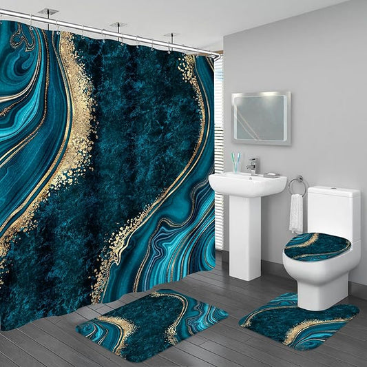 4PCS Teal Blue Gold Marble Bathroom Sets with Shower Curtain and Rugs, Abstract Gold Shower Curtain Sets with Rugs, Modern Bathroom Curtains Shower Set Accessories