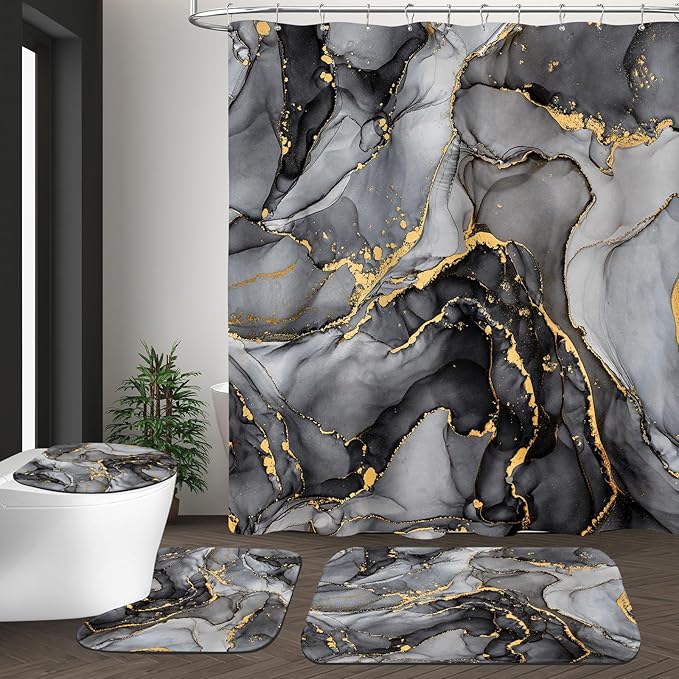 4PCS Black Grey Marble Bathroom Sets with Shower Curtain and Rugs, Abstract Shower Curtain Sets with Rugs, Modern Bathroom Curtains Shower Set Accessories with Toilet Lid Cover