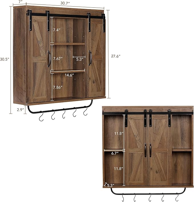 RUSTOWN Rustic Wood Wall Storage Cabinet with Two Sliding Barn Door, 3-Tier Decorative Farmhouse Vintage Cabinet for Kitchen Dining, Bathroom, Living Room, Rustic Oak