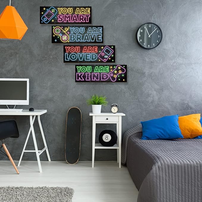 YLOLUL 4 Pieces Neon Gaming Decor for Boys Room Wooden Video Game Wall Art Print 15.7 X 5.1 Inch Motivational Quote Gamer Hanging Plaques Wall Decor for Boys Kids Room Bedroom Playroom Decorations
