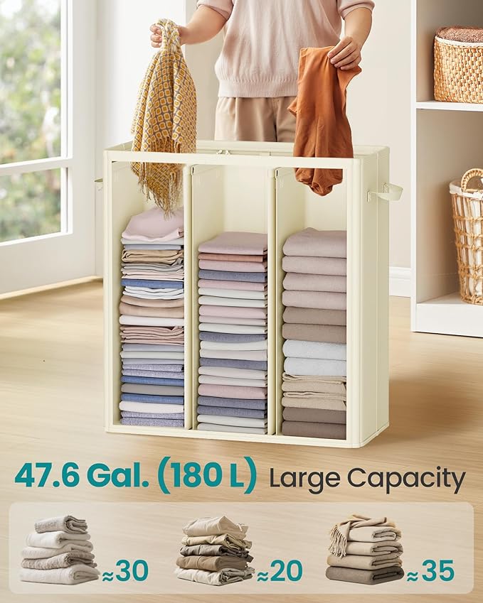 SONGMICS 47.6 Gallon (180 L) Laundry Hamper, 3-Compartment Laundry Basket Sorter with Lid, Labels, Removable Liner Bags, for Bedroom, Cream White URLH013W01
