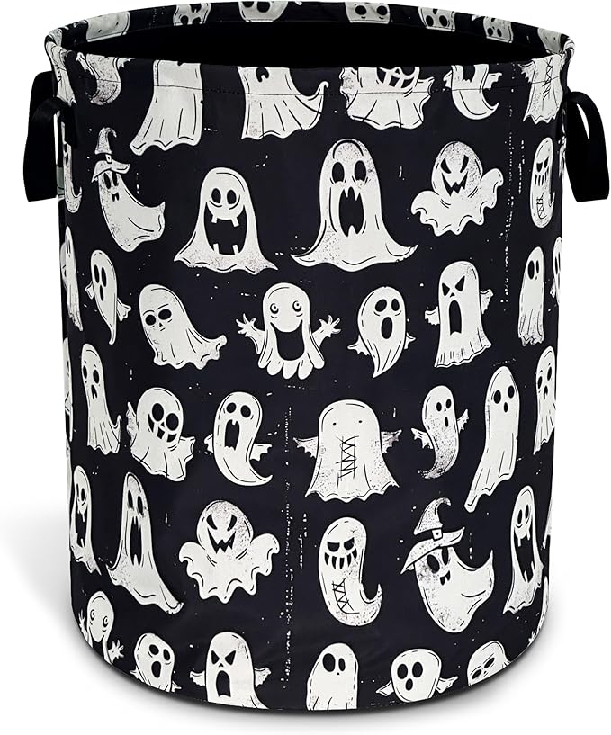 Cute Ghost Laundry Basket Funny Spooky Foldable Waterproof Oxford Cloth Tote Bag Laundry Hamper Round Large Clothes Storage Bucket Toy Organizer For Bathroom/Laundry Storage/Bedroom 18.9x16.5 Inch