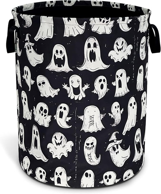 Cute Ghost Laundry Basket Funny Spooky Foldable Waterproof Oxford Cloth Tote Bag Laundry Hamper Round Large Clothes Storage Bucket Toy Organizer For Bathroom/Laundry Storage/Bedroom 18.9x16.5 Inch