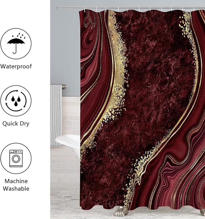 Gibelle 4 Pcs Luxury Marble Shower Curtain Set with Non-Slip Rugs, Toilet Lid Cover and Bath Mat, Gold Foil Red Bathroom Decor Set with Shower Curtain and Rugs and Accessories